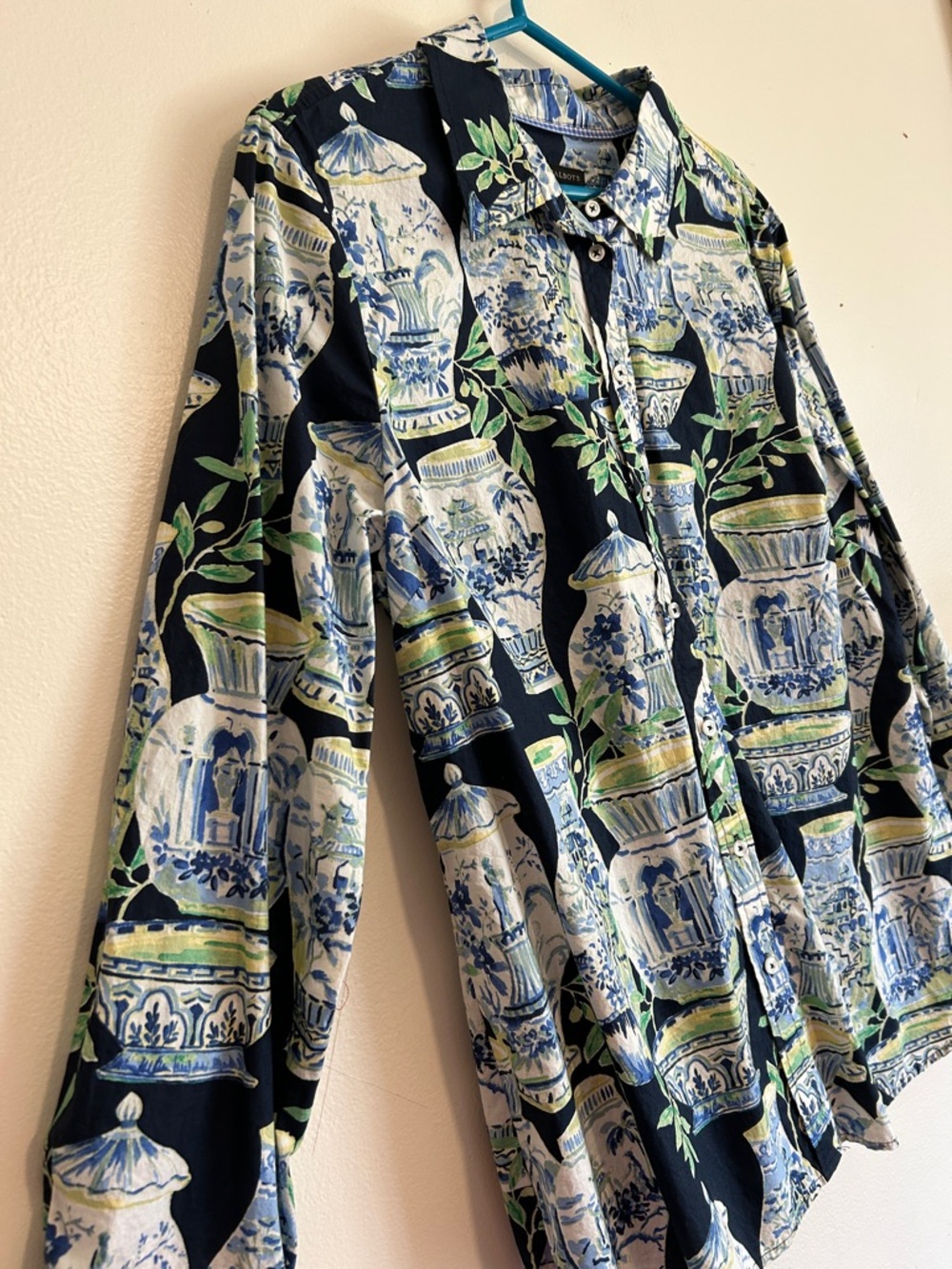 Talbots Navy Button-Front Shirt with Blue, White & Green Vase Print - Picture 5 of 7
